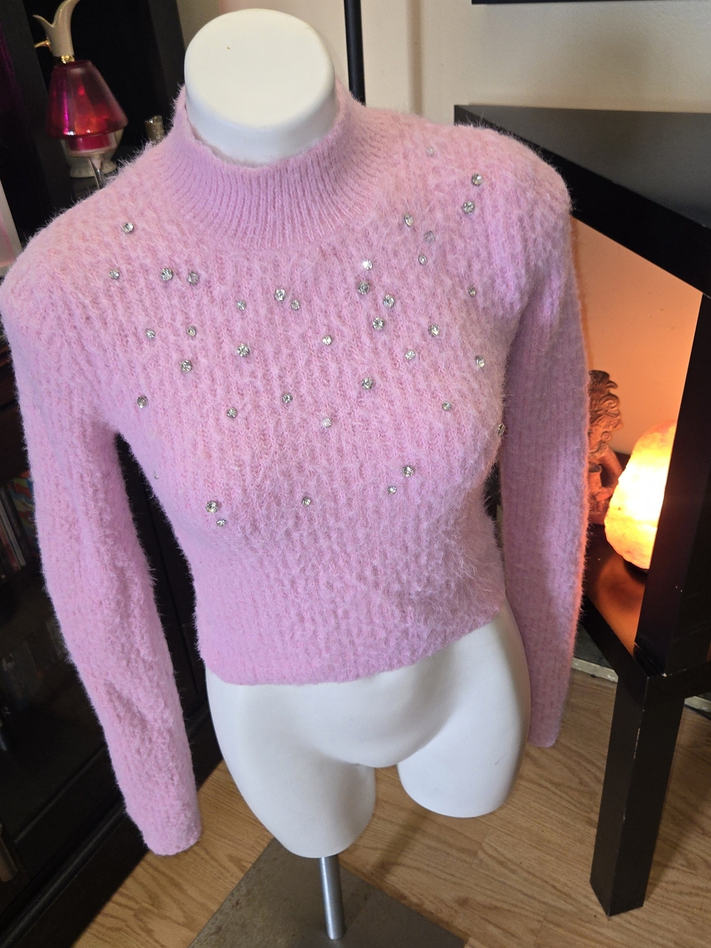 Pink Zara Crystal-Embellished Fuzzy Crewneck Sweater